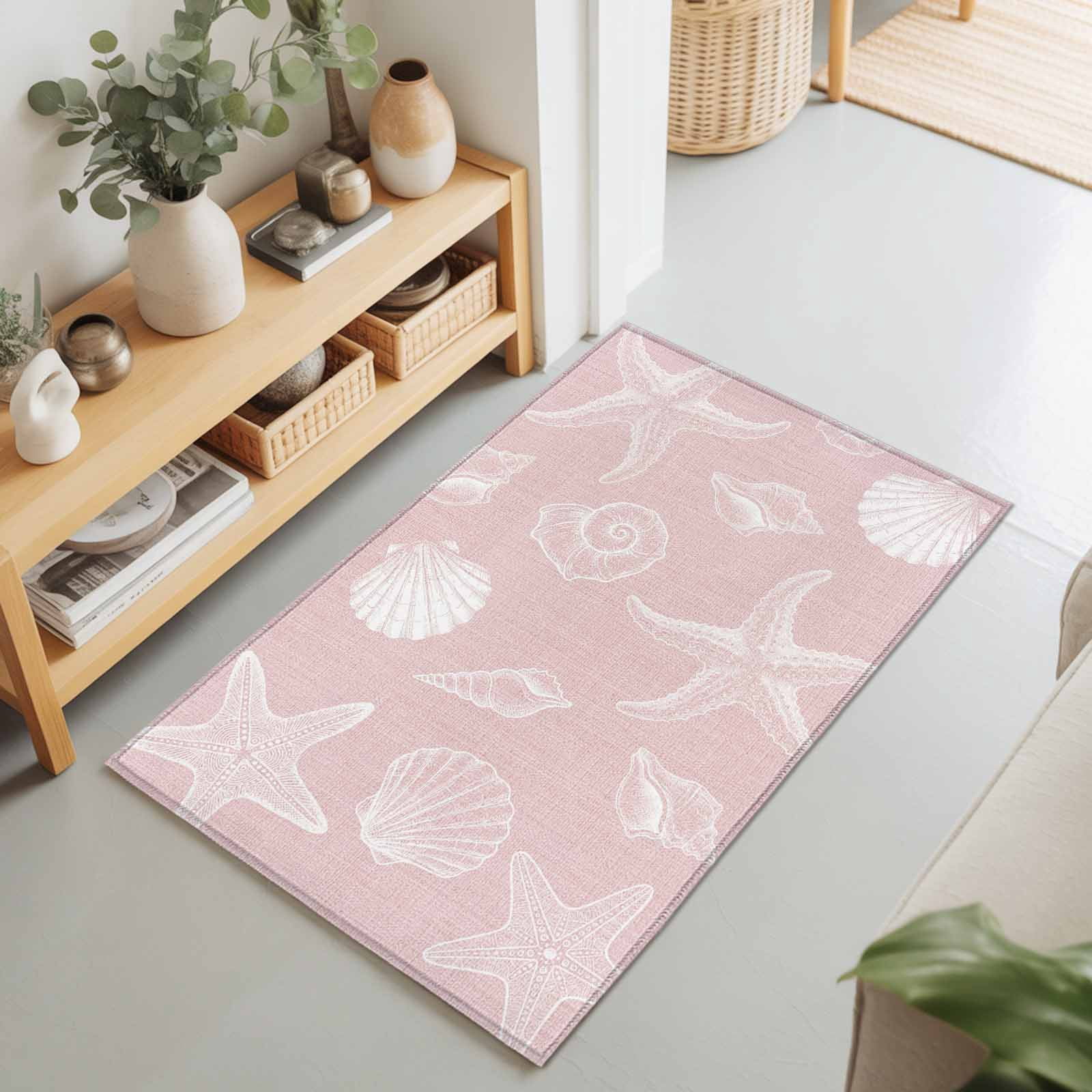 Entryway Rug 2'x3', Marine Life Kitchen Runner Rugs Non-Slip Carpet Mats, Summer Ocean Starfish Conch Seashell Pink Bedside Rugs Runners Washable Floor Carpet for Bathroom Laundry Room