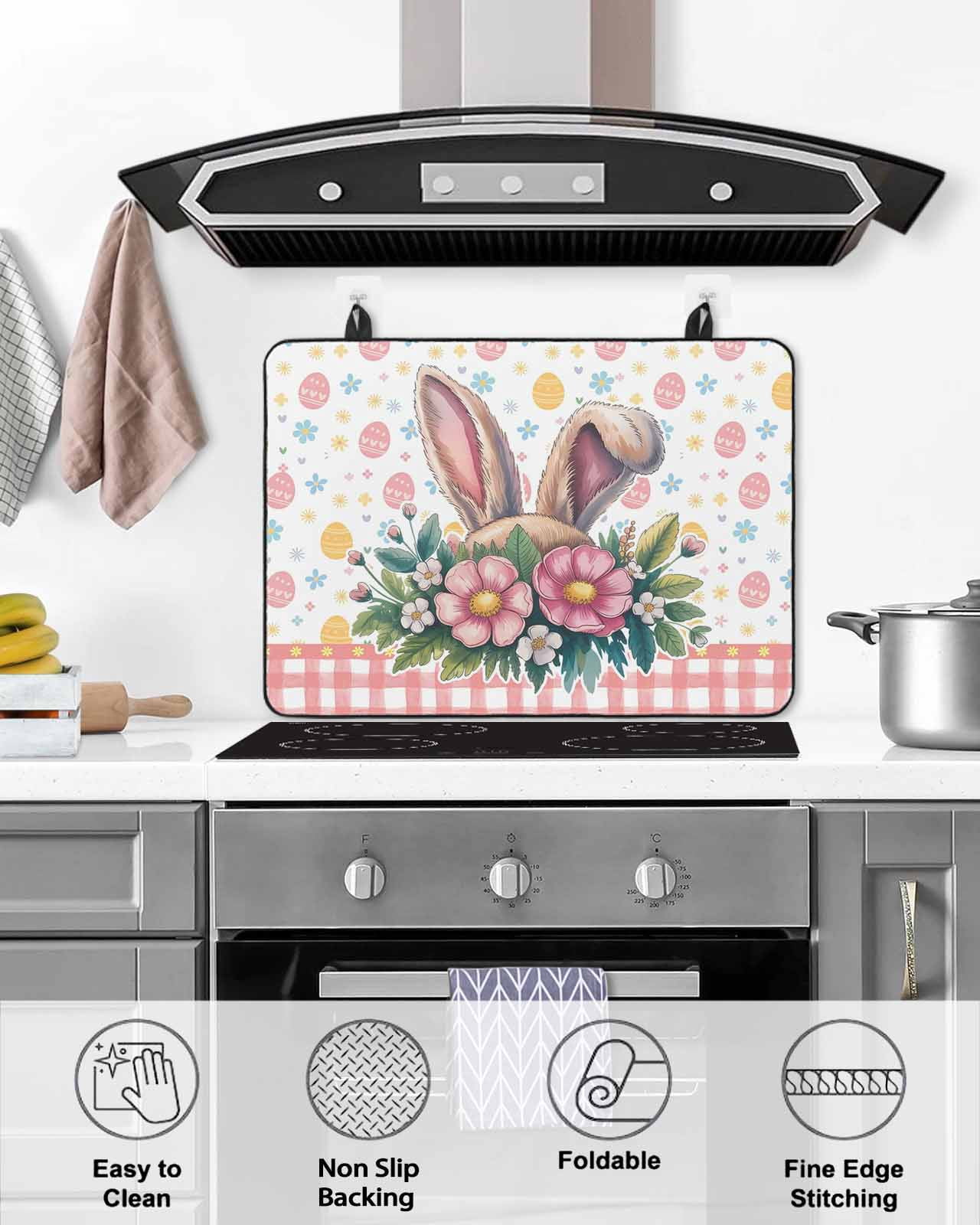 Large Induction Cooktop Protector Mat Easter Stove Top Covers for Electric Stove, Spring Floral Eggs Pink Checkered Pastoral Decorative Stove Burner Cover Mats, Glass Top Stove Cover