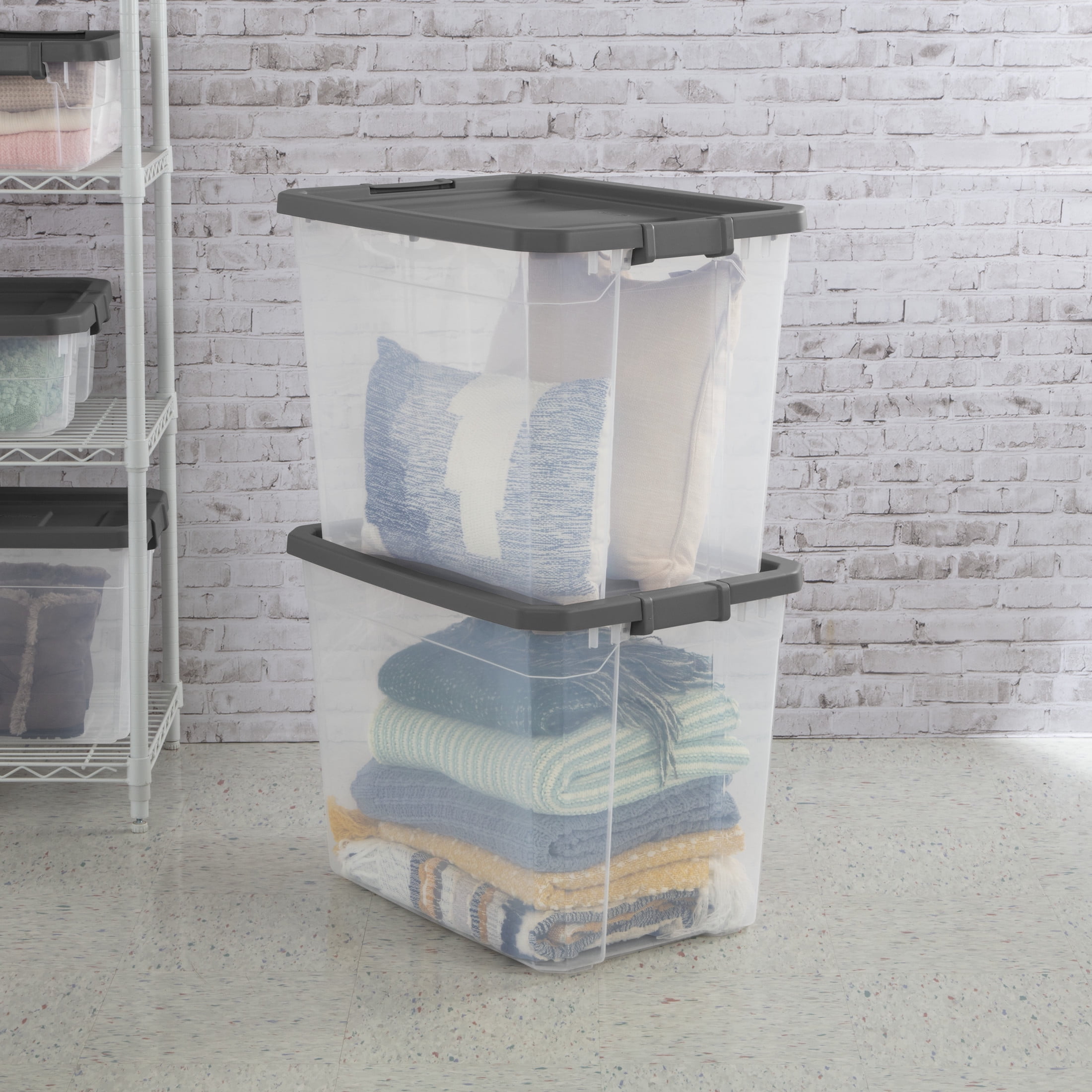 (2 pack) Sterilite 108 Quart Extra-Large Stackable Storage Bin, Clear Plastic Storage Container with Latch Lid, Dark Gray
