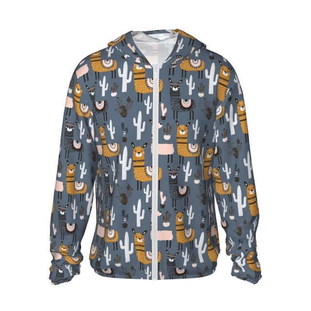 Fotbe Llama and Cactus Chaqueta con Protección Solar UPF 50+ para Hombre y Mujer, Camisa con Capucha y Bolsillos-Small