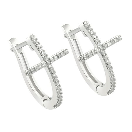 Diamond Cross Hoop Earrings In 10k White Gold Diamond Cross Hoop Earrings In 10k White Gold