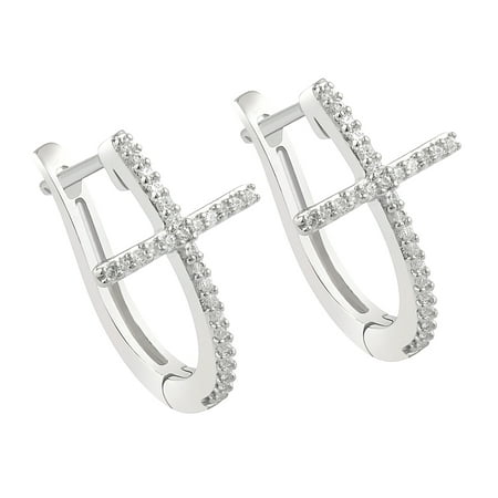 Diamond Cross Hoop Earrings in 10K White Gold