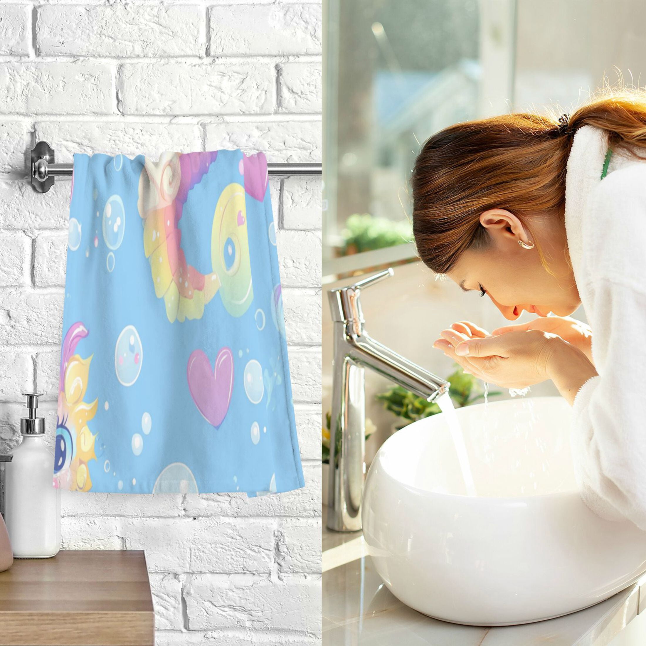 Wobogo Pattern Featuring Cute Baby Seahorses 100% Cotton Towel 2 Pieces Set Super Soft and Highly Absorbent Suitable for Bathroom Gym Travel Camping Pool