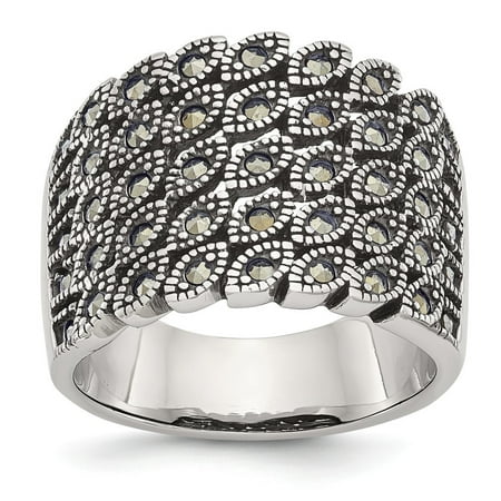 Stainless Steel Polished and Antiqued Marcasite Ring - Ring Size: 6 to 9