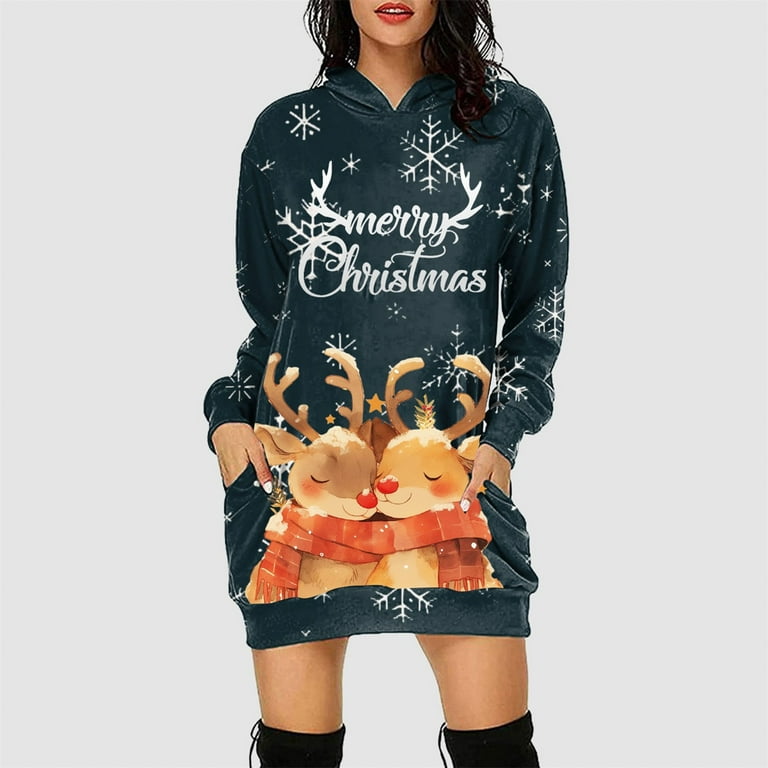 Fsqjgq Fall Work Dresses for Women 2024 Christmas Hoodies Dress Vintage Christmas Print Dress Sweater Long Sleeve Sweatshirt Casual Midi Dress with