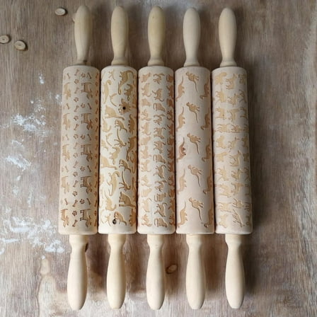 HOOWIFFY Wood Dinosaur Embossing Rolling Pin Baking Tool with Non- Grip for Home Kitchen Pastry Dough