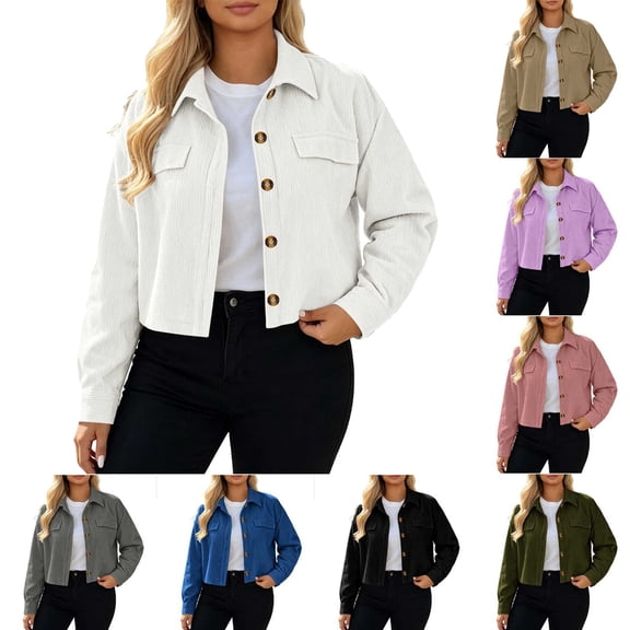 Cekizud Jackets for Women Corduroy Cropped Jacket Long Sleeve Button Down Casual,Sizes S-2XL