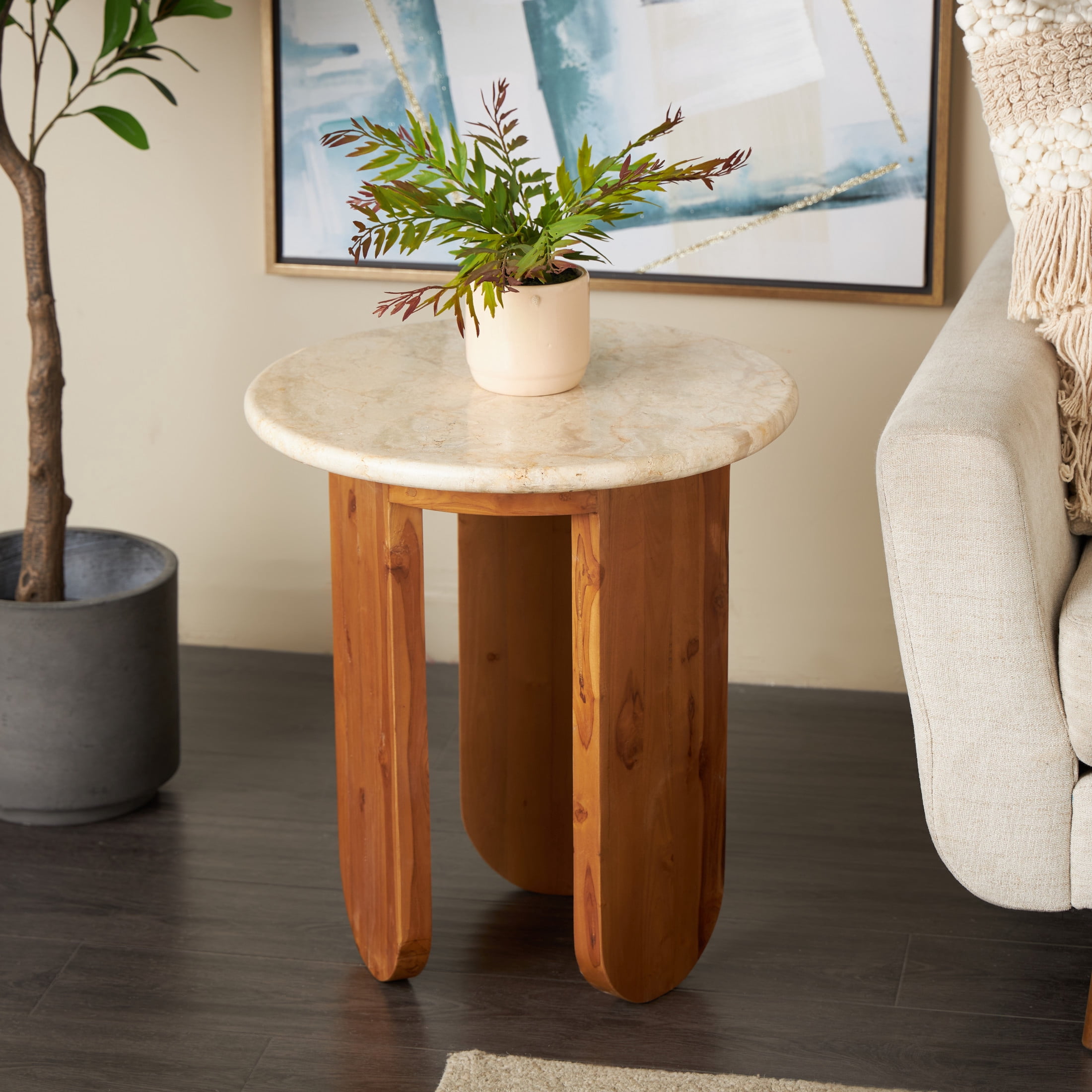DecMode 20" x 22" Brown Teak Wood Handmade Accent Table with Beige Marble Tabletop, 1-Piece