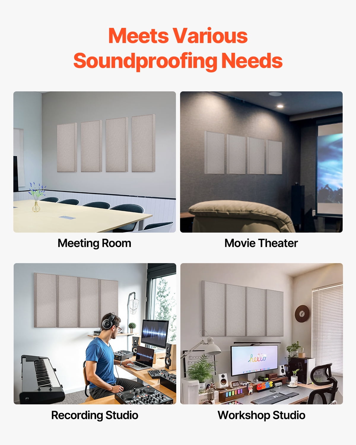 VEVOR 4 PCS Acoustic Panels, 2 inch Thick 23.6 x 11.8 inch Fiberglass Sound Absorbing Panels, Self-adhesive Soundproof Wall Boards, for Studios, Office, Home Theater,Meeting Room, Camel