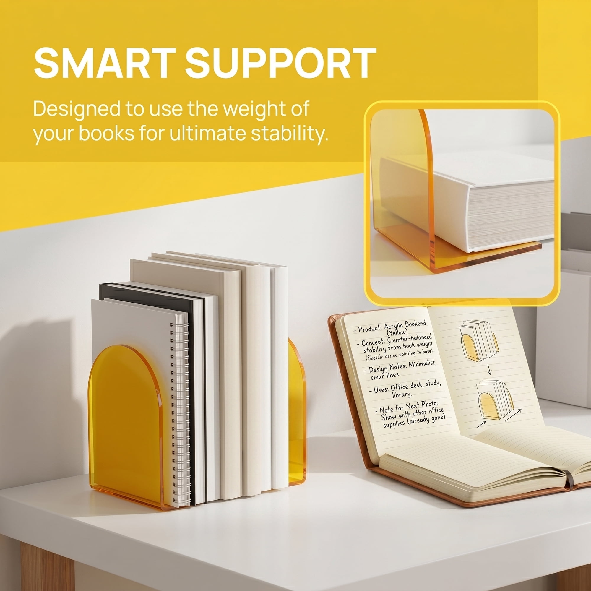 Unique Bargains 2Pcs Clear Acrylic Modern Non-Skid Bookends Lemon Yellow 4.7*3.9*6.1inch