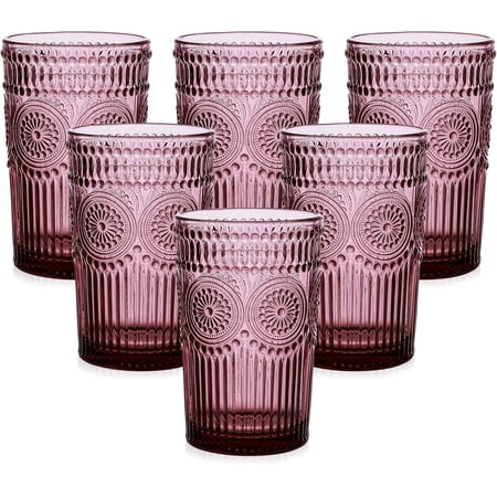Vintage Glassware Drinking Glass Set of 6, 13 oz Textured Floral Pattern Glass Drinking Tumbler, Embossed Stripe Drinking Glass for Water, Cocktails, Juice, Iced Coffee