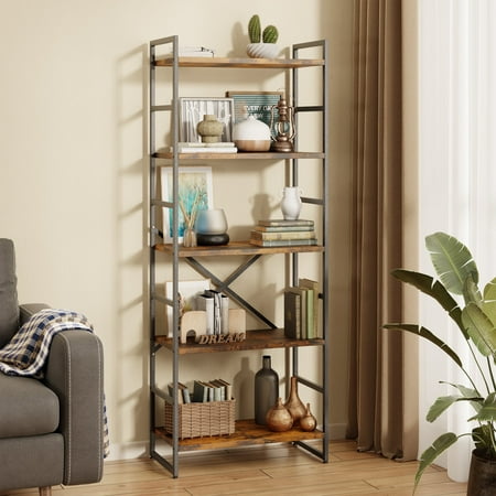 Walsunny 5 Tiers Bookshelf Classically Tall Bookcase Shelf Industrial Book Rack Modern Book Holder Brown