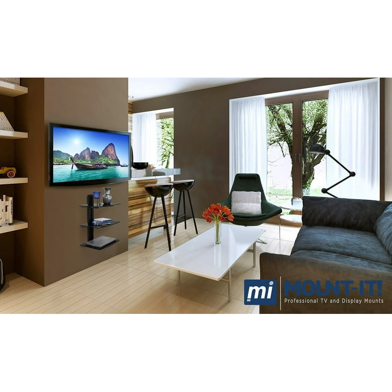 Mount It Floating Wall Mounted AV Entertainment Shelf 3 Black Tempered Glass Shelves