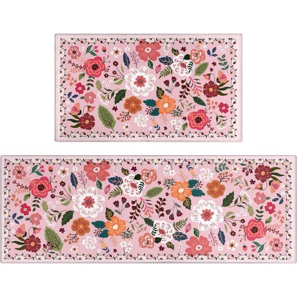 Boho Floral Kitchen Mat Set of 2,Modern Farmhouse Kitchen Rugs and Mats Non Skid Washable,Bohemian Kitchen Runner Rugs with Rubber Backing (Pink 17"x47"+17"x30")