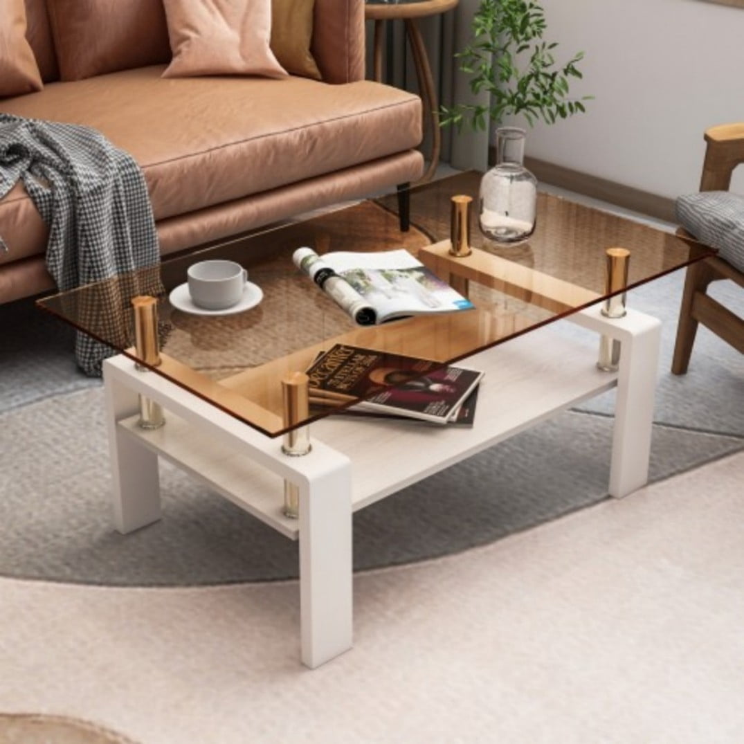 Rectangle Coffee Table, 39.2" Brown Tempered Glass Tabletop with White MDF Storage Shelf and Iron Legs, Modern Clear Glass Center Table for Living Room, 220 lbs