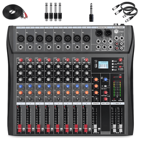 8 Channel Professional Audio Mixer Console Sound Board with 48V Phantom Power,USB Audio Interface for Live Show,Streaming Recording Music Stage Karaoke