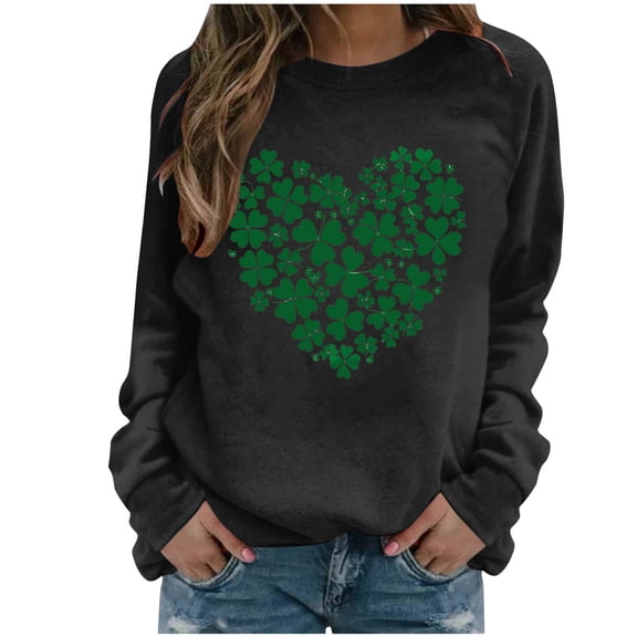 Guzom Womens Lucky Shamrock Heart Sweatshirt - Black St. Patrick's Day Crew Neck Long Sleeve Relaxed Fit Festive Casual Top,Size L