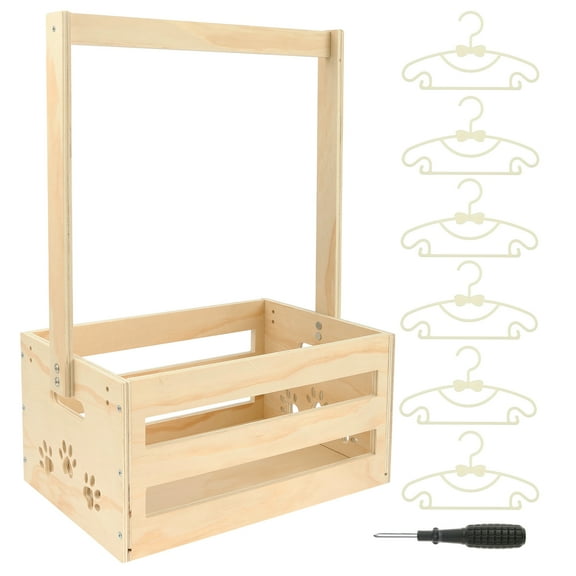 Grusce Wood Dog Toy Basket, Large Capacity Dog Toy Storage Box, Baby Supplies Organizer with Handle and 6 Hanger