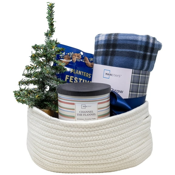 At Home Cozy Gift Basket with Plaid Blanket, candle, and planters cashews snacks