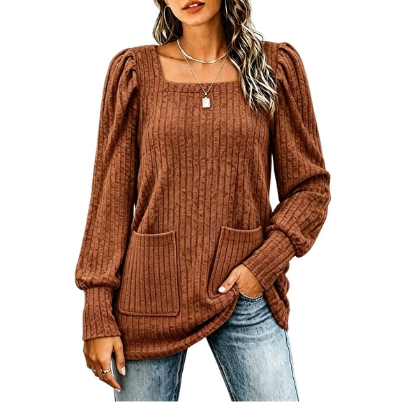 Hurxie Womens Plus Size Long Sleeve Tops Cute Square Neck Lightweight Sweaters Casual Loose Fit Shirts Trendy Blouses Tunics