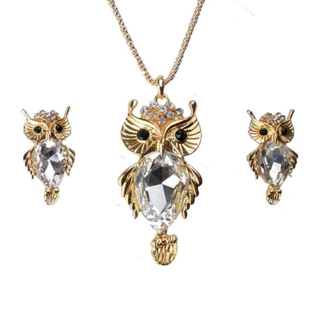 Austrian Crystal Stones - Austrian Crystal Owl Necklace Earring Set Clear Crystal Stones Tarnish Resistant J-70