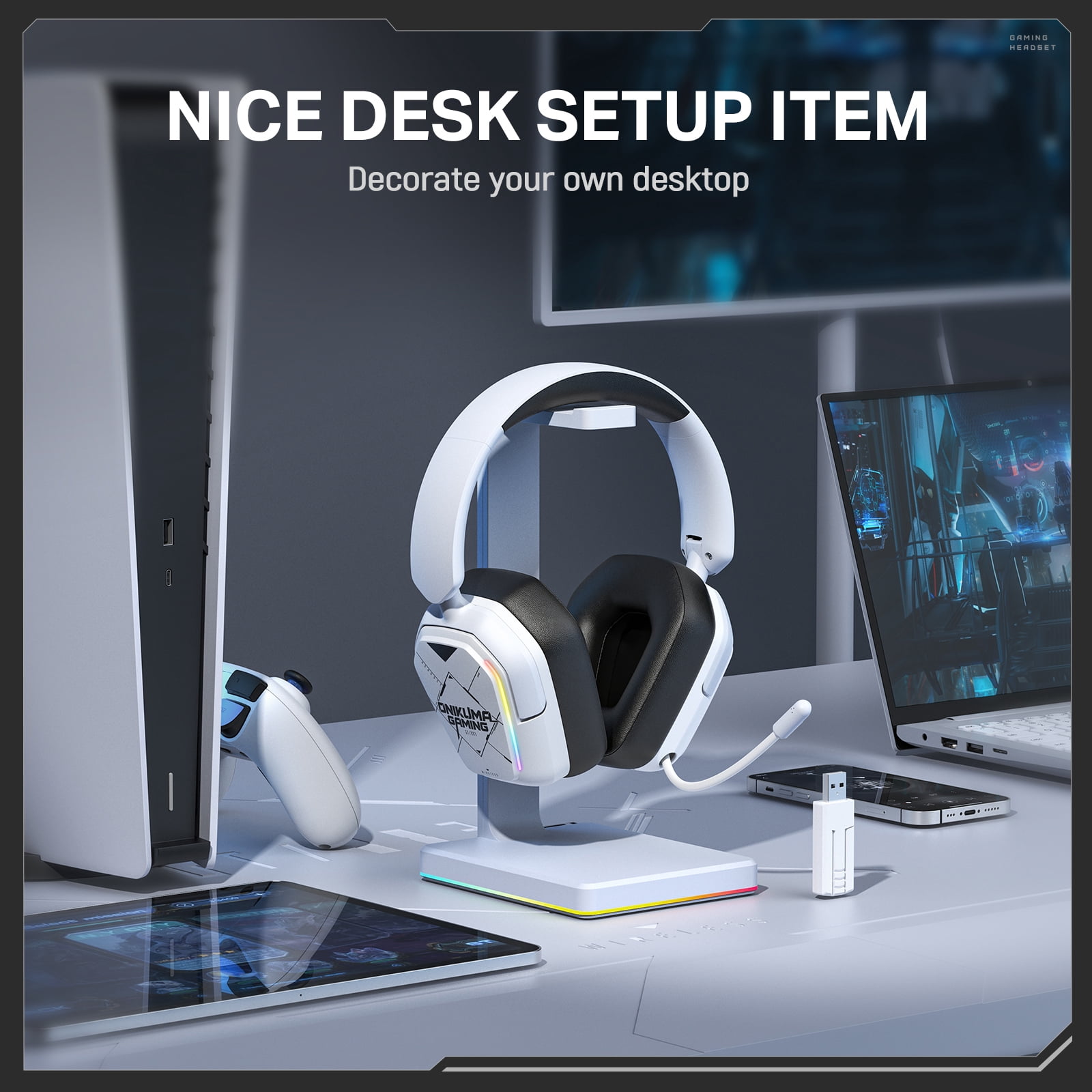 Siivton Wireless Gaming Headset with 2.4GHz & Bluetooth 5.3, for PS5, PS4, PC, Switch, 60H Battery Life, Noise Canceling Mic, 7.1 Surround Sound, RGB Light, Foldable Headphones - White