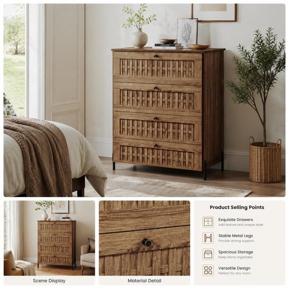 4-Drawer Dresser with Interlocking Mechanism, Metal Legs, Anti-Tip Hardware, Oak Finish