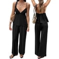 thumbnail image 2 of Women's Wide Leg Sets Deep Neck Camisole Tank Tops Matching 2 Piece Set Pants Outfit Top Black S, 2 of 7