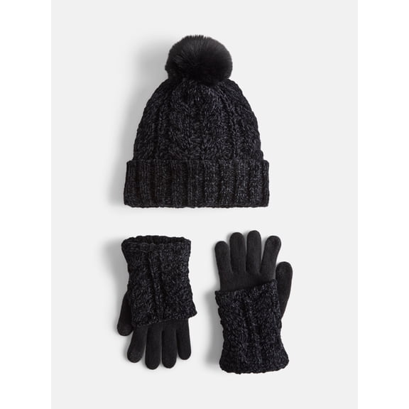 MNYC Women's 2 PC Cable Knit Chenille Beanie w/ Matching Gloves, Black