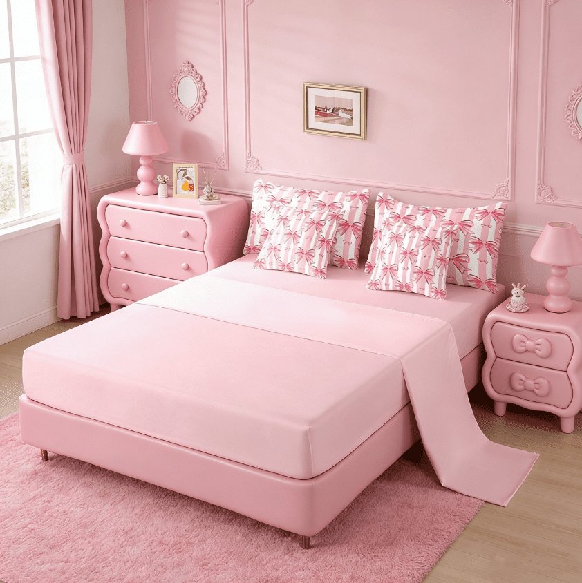 Manfei Kawaii Bow Twin Bedding Sets 7-Piece,Girls Bow Knot Bedding Comforter Set,Pink White Stripes Sheet Sets,Breathable Bedroom Decorative,Reversible