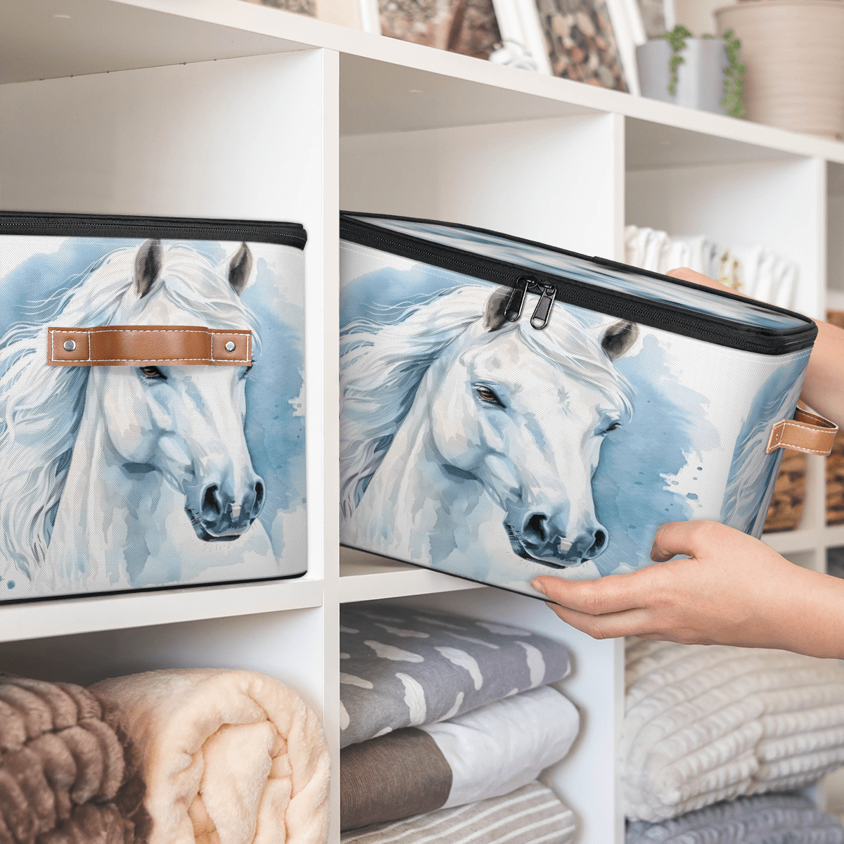 CURLYOOT Horse Fabric Storage Bins with Lids, Horse Animal Foldable Storage Boxes Washable Storage Cube, Closet Bedroom Home Organizer Containers with PU Leather Handles