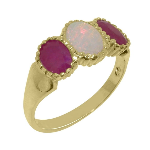 LBG British Made 10k Yellow Gold Natural Opal & Ruby Womens Anniversary Ring - 33 size options - Size 10.25