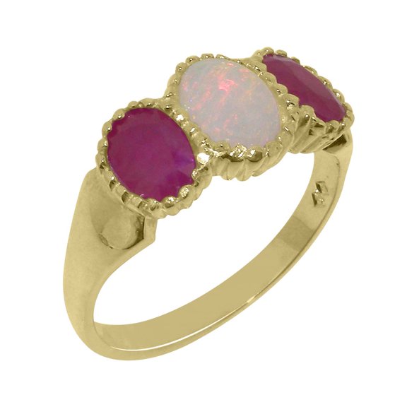 LBG British Made 10k Yellow Gold Natural Opal & Ruby Womens Anniversary Ring - 33 size options - Size 10