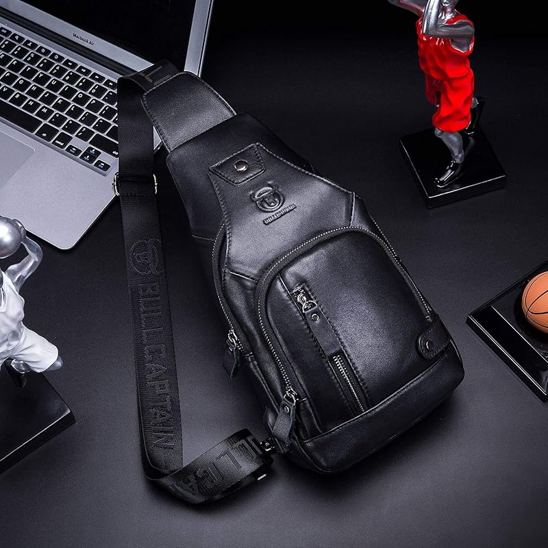 BULLCAPTAIN Leather Sling Bag Men's Casual Shoulder Crossbody Bag, Black