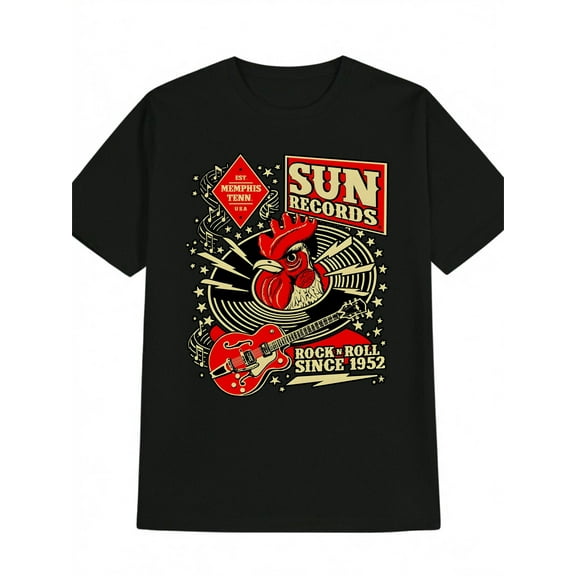 Men's Casual Graphic T-Shirt - Black with Red Rooster & Electric Guitar Print, SUN RECORDS Retro Rock 'n' Roll Design Since 1952, Round Neck Summer Tee, Machine Washable Music Lover Gift