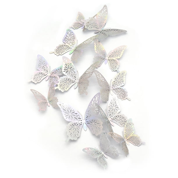 FLhrweasw 12 Uds. Pegatina Mariposa Hueca DIY Papel Tapiz 3D para El Ventana (plata)