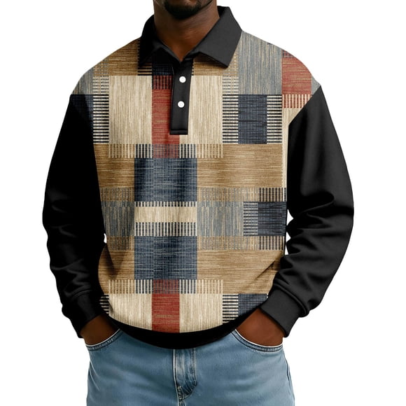 Nokdvo Chandail en Molleton pour Hommes Mode Col à Revers Bouton Bloc de Couleur Automne Hiver Décontracté Col à Revers Manches Longues Chandail Chemises, Kaki G