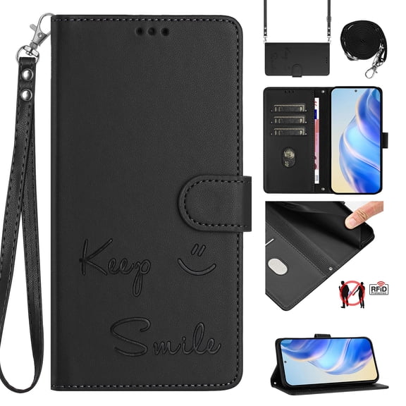 Flip Case for Samsung Galaxy S26 Ultra, Embossed PU Leather Full body Protection Wallet Case, Card Slots Kickstand, Wrist Strap Shoulder Strap, RFID Blocking Magnetic Closure Phone Cover, Black