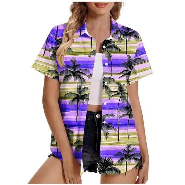 Pantalones Cortos para las Mujeres Sexy, Blusas de Estilo Hawaiano Impreso, Botón Arriba Cuello Turndown Superior