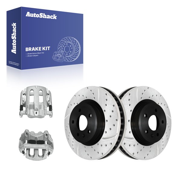 AutoShack Front Vented Drilled & Slotted E-Coated Brake Rotors Calipers 4-PC Brake Kit Replacement for 2011-2019 Ford Explorer 2010-2019 Ford Taurus 2009-2012 Lincoln MKS ShadowGuard 12.8" (325 mm)