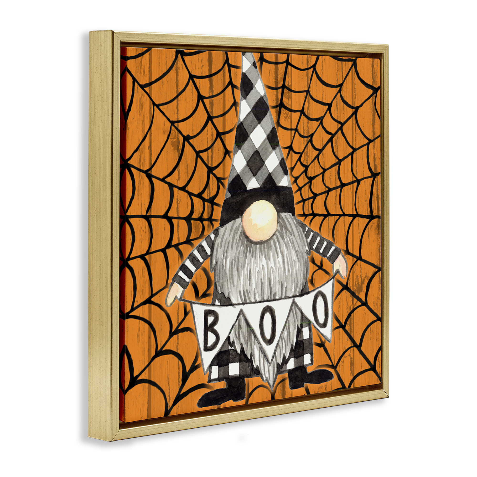 Stupell Industries Rustic Halloween Gnome Holiday Painting Gold Floater Framed Canvas Art Print Wall Art, 25 x 25