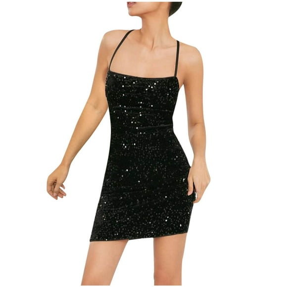 Women's Mini Bodycon Cami Dress Discount Sequin Retro Holiday Sleeveless Summer Sale Boho V Neck Sundress for Girls Halter Backless Elegant Black XXXL