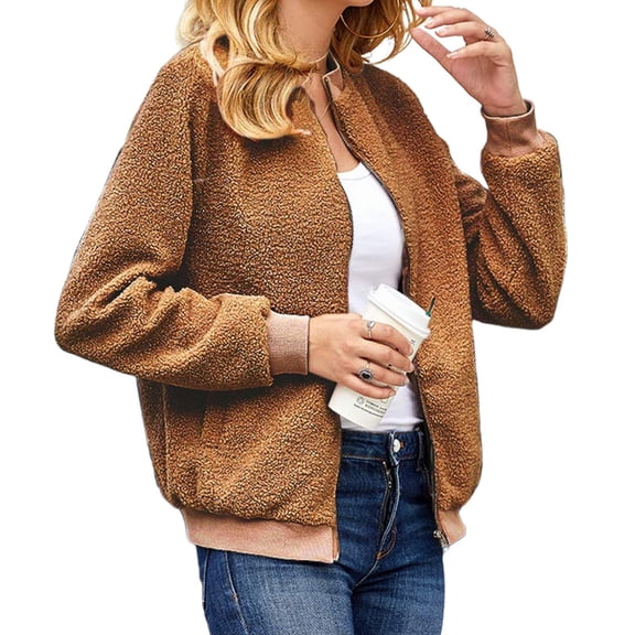 Spring Fall Women Long Sleeve Bomber Jacket Zipper Casual Fleece Coat