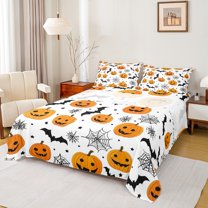 jejeloiu Bats Spider Webs Full Size Sheets,Halloween Theme Bed Sheets,Funny Orange Pumpkin Sheet Sets For Child,Ultra Soft Bedroom Decorative,4pcs