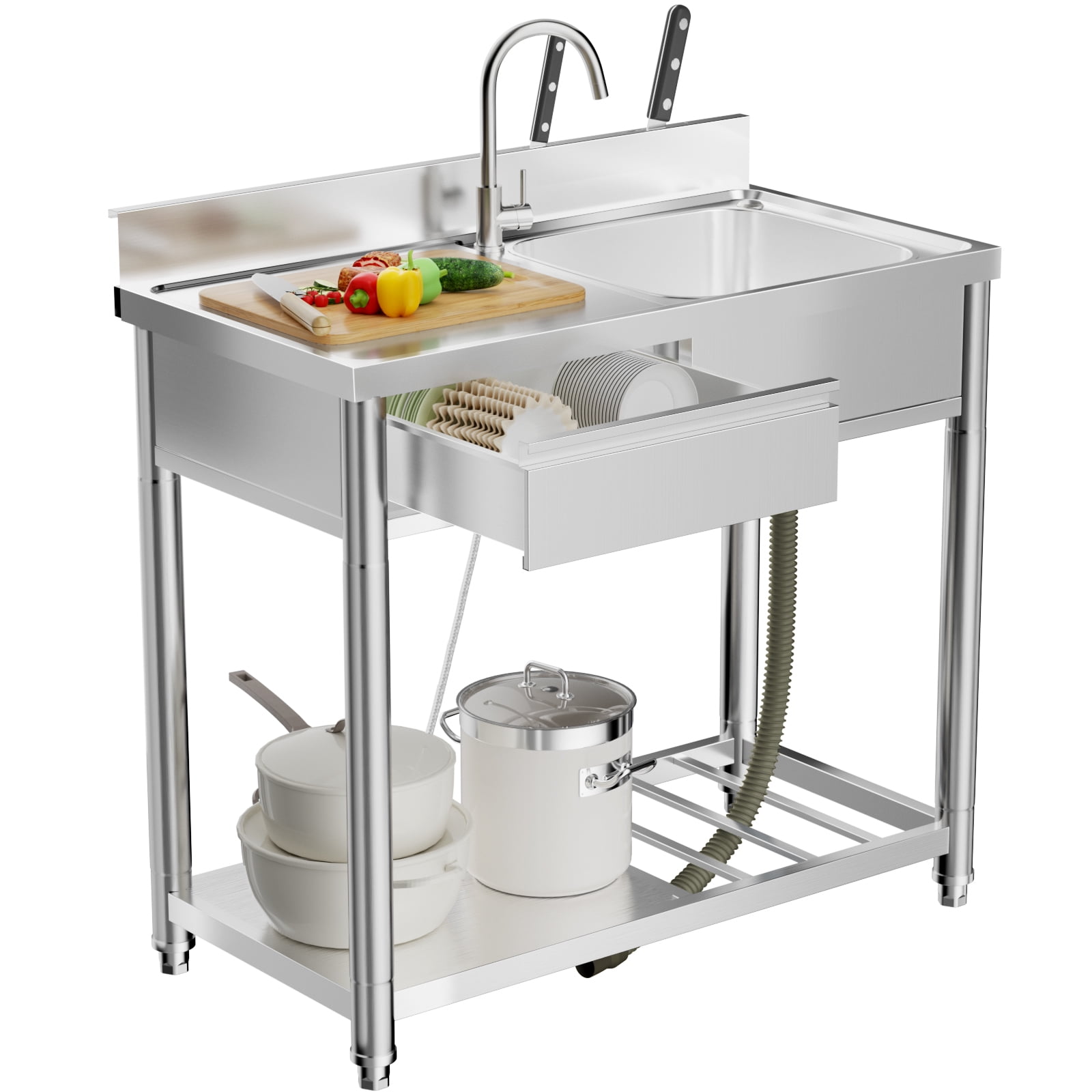 LiviNest Outdoor Utility Sink Station: 3-in-1 Wash Prep Store Center - 39" Stainless Steel Sink with Workbench & Drawer - 55lb Countertop & 360° Faucet for Backyard BBQ & Garden