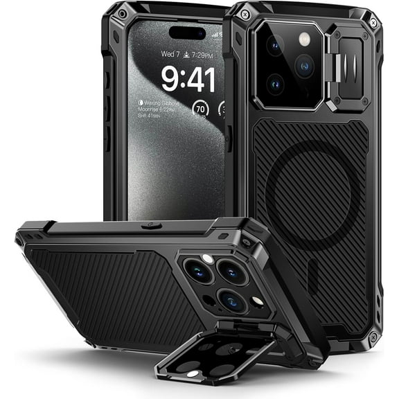 Phone 15 Metal Case, [Built-in Camera Kickstand & Glass Screen Protector] Heavy Duty Protective Rugged Full Body Military Grade Shockproof Aluminum Magnetic Cover for iPhone 15 6.1" (Silver)