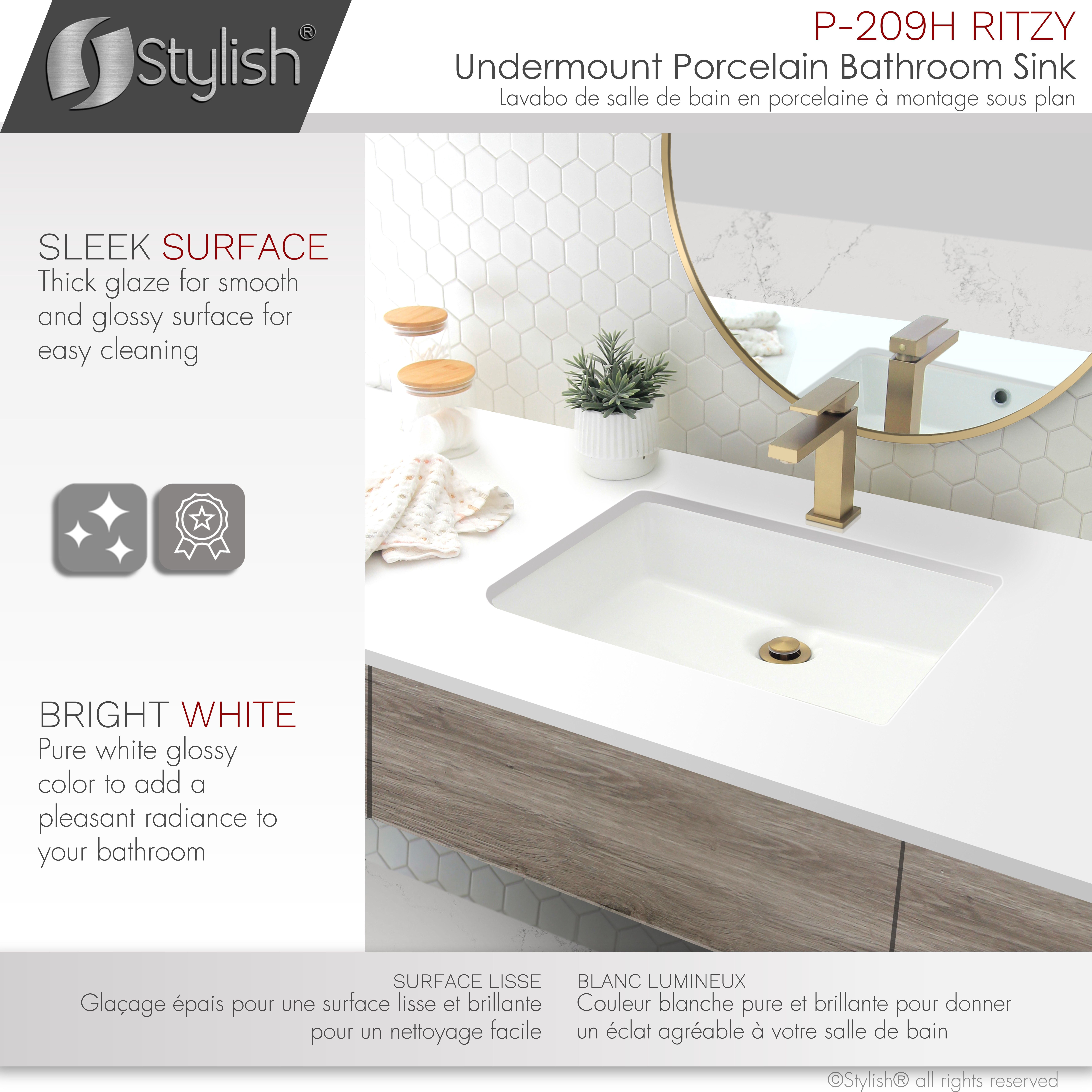 Stylish Undermount 20.37" W x 14.25" D White Rectangular Porcelain Bathroom Sink with 2 overflow rings P-209H