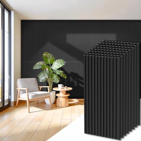 8-Pack PVC Slat Wall Panels for Interior Wall Decor, 24x48in 3D Fluted Panels, 2x4 FT Cuttable Drop Ceiling Tiles for Bathroom, Studio and TV Background, Water-Proof & Renter-Friendly(Black)