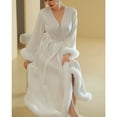 thumbnail image 3 of Defitshape Women's Long Robe Satin Luxury Faux Fur Trim Bridal Robes Silk Bathrobe Summer Long Sleeve Bridesmaid Sleepwear Bride White Medium, 3 of 4