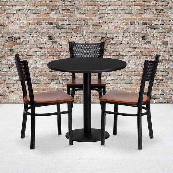 Emma   Oliver 30" Round Black Laminate Table Set, 3 Grid Back Metal Chairs